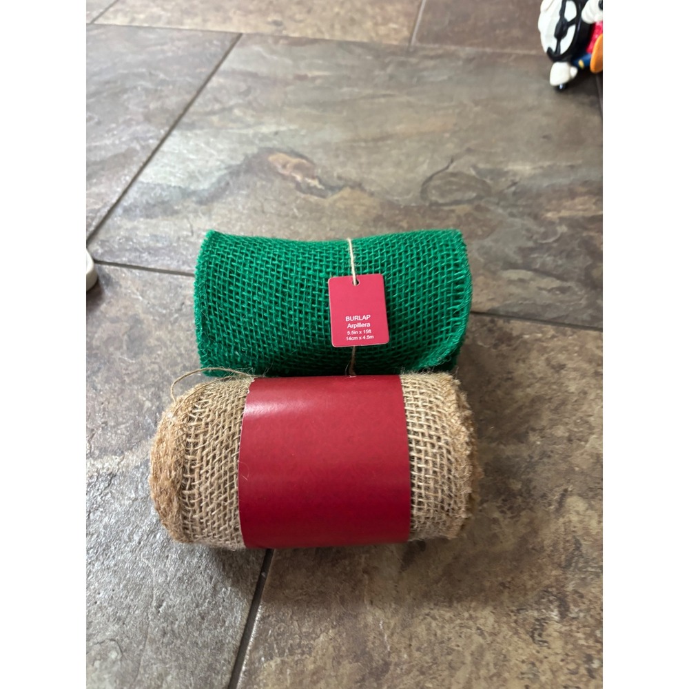 2 Rolls Christmas Burlap Ribbon Green Natural Tan 5.5in x 15ft Rustic Crafting